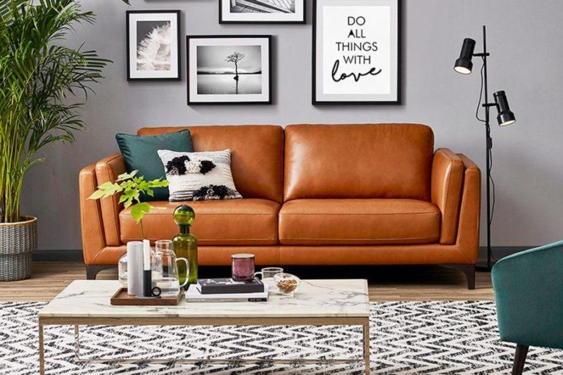 Современный интерьер + коричневый кожаный диван